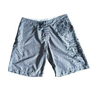 Panama Jack Swim Trunks Men's Size 38 Gray Graphic Drawstring Vintage